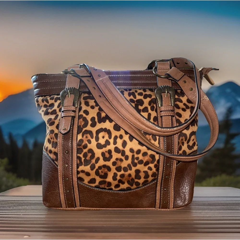 Justin Boots Concealed Carry Tote Brown Cheetah Animal Print Faux Leather